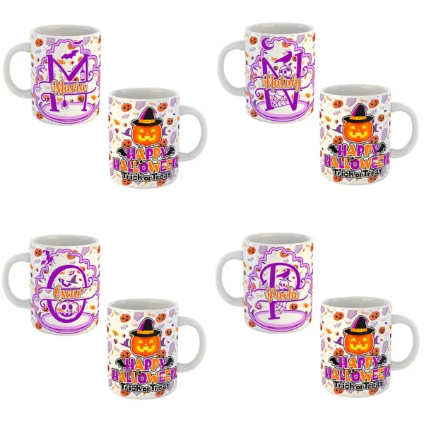 Pack de 26 plantillas editables para sublimar tazas de Halloween con diseños del abecedario en formatos .psd y .png, mostrando ejemplos de tazas personalizadas con motivos de calabazas y fantasmas.