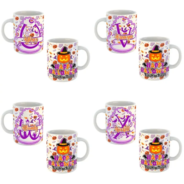 Pack de 26 plantillas editables para sublimar tazas de Halloween con diseños del abecedario en formatos .psd y .png, mostrando ejemplos de tazas personalizadas con motivos de calabazas y fantasmas.