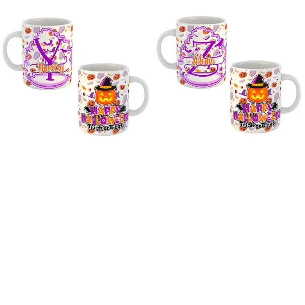 Pack de 26 plantillas editables para sublimar tazas de Halloween con diseños del abecedario en formatos .psd y .png, mostrando ejemplos de tazas personalizadas con motivos de calabazas y fantasmas.
