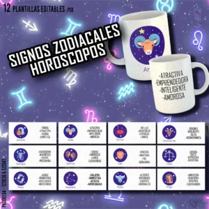 Pack de 12 Plantillas Editables para Sublimar Tazas con Diseños de Signos Zodiacales en Formato PSD y PNG