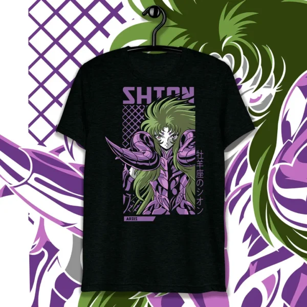 Diseño vectorial de Shion de Aries en tonos púrpura y verde, ideal para estampar en playeras y sudaderas.