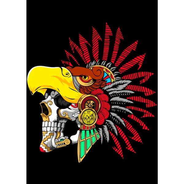 Vector del Cráneo de Guerrero Águila con colores vibrantes y detalles intrincados, ideal para estampar en playeras y artículos personalizables para las Fiestas Patrias de México