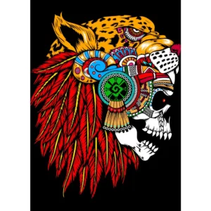 Vector del Guerrero Jaguar Azteca con colores vibrantes y detalles intrincados, ideal para estampar en playeras y artículos personalizables durante las Fiestas Patrias de México.