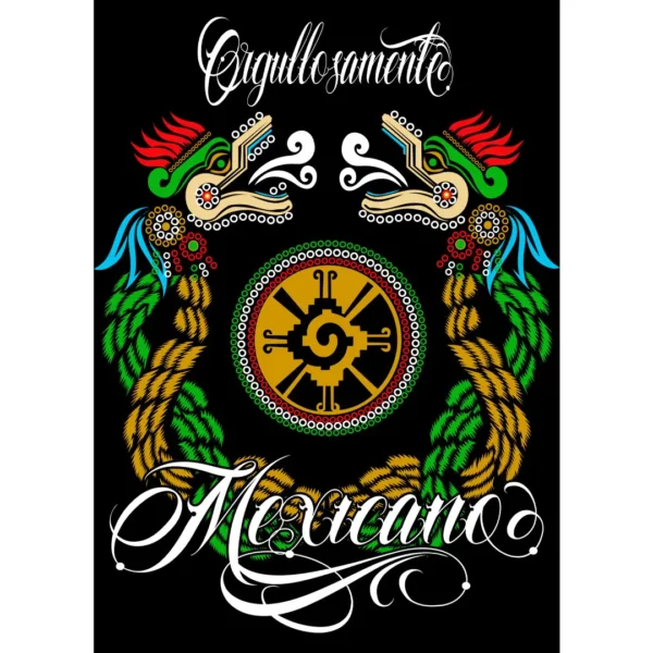 Vector de Quetzalcóatl con el texto ‘Orgullosamente Mexicano’, ideal para estampar en playeras y otros artículos personalizables para las Fiestas Patrias Mexicanas.