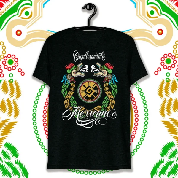 Vector de Quetzalcóatl con el texto ‘Orgullosamente Mexicano’, ideal para estampar en playeras y otros artículos personalizables para las Fiestas Patrias Mexicanas.