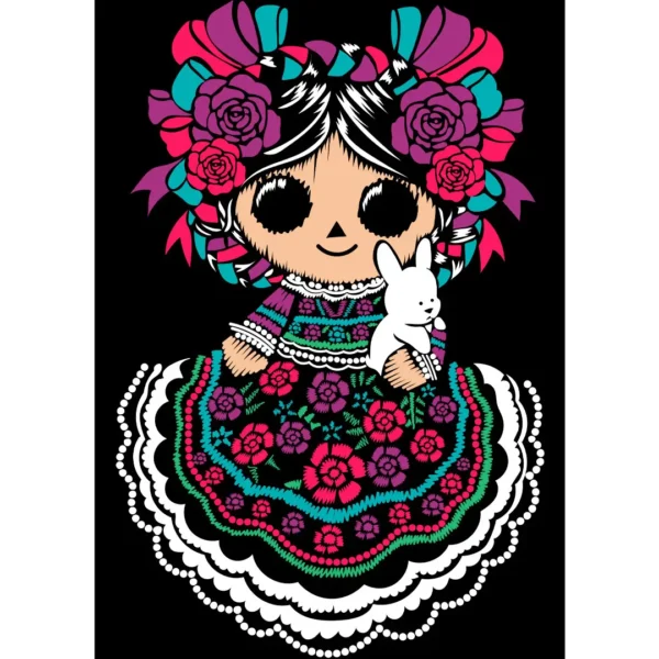 Vector de Muñeca de Trapo Mexicana con detalles florales y vestido tradicional para estampar en productos personalizados de Fiestas Patrias