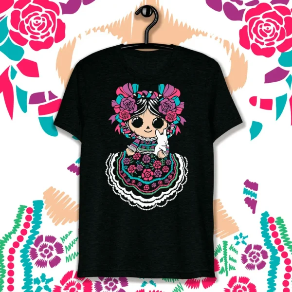 Vector de Muñeca de Trapo Mexicana con detalles florales y vestido tradicional para estampar en productos personalizados de Fiestas Patrias