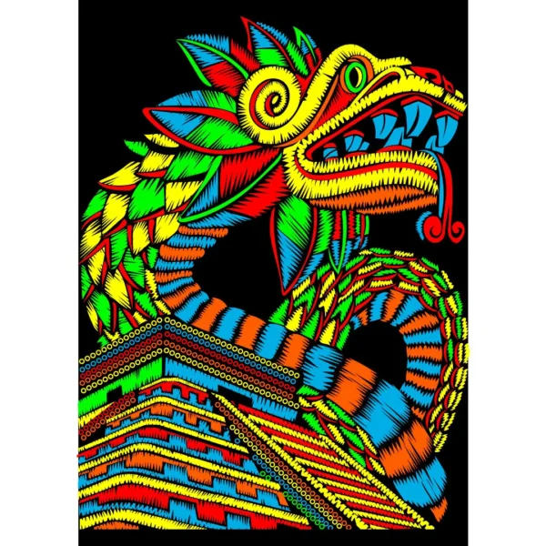 Diseño vectorial colorido de Quetzalcóatl inspirado en la cultura mexicana, ideal para estampar en playeras y artículos personalizables durante las fiestas patrias.