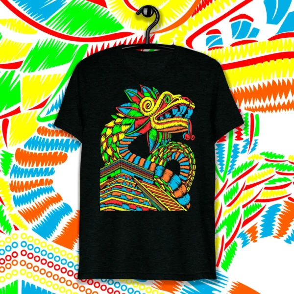 Diseño vectorial colorido de Quetzalcóatl inspirado en la cultura mexicana, ideal para estampar en playeras y artículos personalizables durante las fiestas patrias.