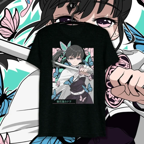 Vector de Shinobu Kocho del anime Demon Slayer con espada y mariposas, diseño exclusivo para estampar en playeras, sudaderas y artículos personalizados.