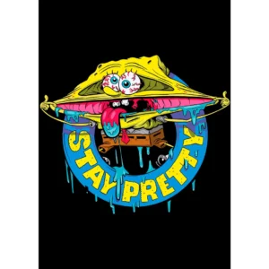 Vector de Bob Esponja Stay Pretty en colores brillantes, con un diseño estilo caricatura distorsionado, ideal para estampar en playeras y sudaderas.