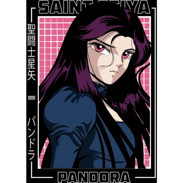 Vector de Pandora de Los Caballeros del Zodiaco en estilo anime, ideal para estampar en playeras y sudaderas.