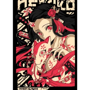 Vector de Nezuko Kamado de Demon Slayer con máscara kitsune, diseño para estampar en playeras y sudaderas.