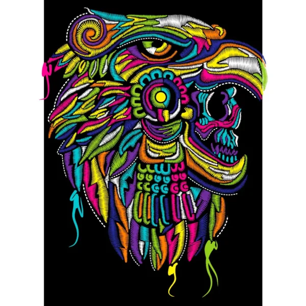 Diseño vectorial bordado de un Guerrero Águila Azteca en colores vibrantes para estampado en playeras y sudaderas.