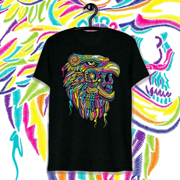 Diseño vectorial bordado de un Guerrero Águila Azteca en colores vibrantes para estampado en playeras y sudaderas.