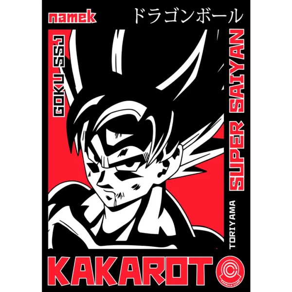 Vector de Goku Super Saiyan en blanco, negro y rojo para estampar en playeras y sudaderas.