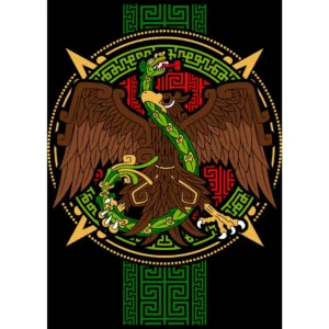 Vector de diseño del Escudo Azteca con águila y serpiente en estilo precolombino, ideal para estampar en playeras y artículos personalizados durante las Fiestas Patrias Mexicanas.