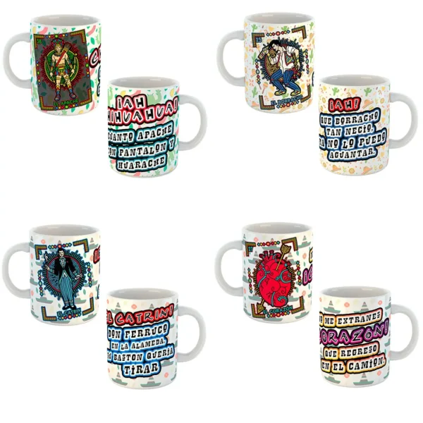 Plantillas Editables para sublimar tazas con diseños y frases de la loteria mexicana, en pormatos .psd y .png