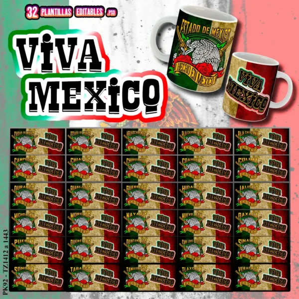 Pack de 32 plantillas editables para sublimar tazas con diseños de los estados de México, ideales para fiestas patrias. Formatos PSD y PNG.