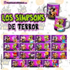 Pack de 15 Plantillas Editables para Sublimar Tazas de Halloween con Los Simpson en formato PSD y PNG, perfectas para emprendedores.