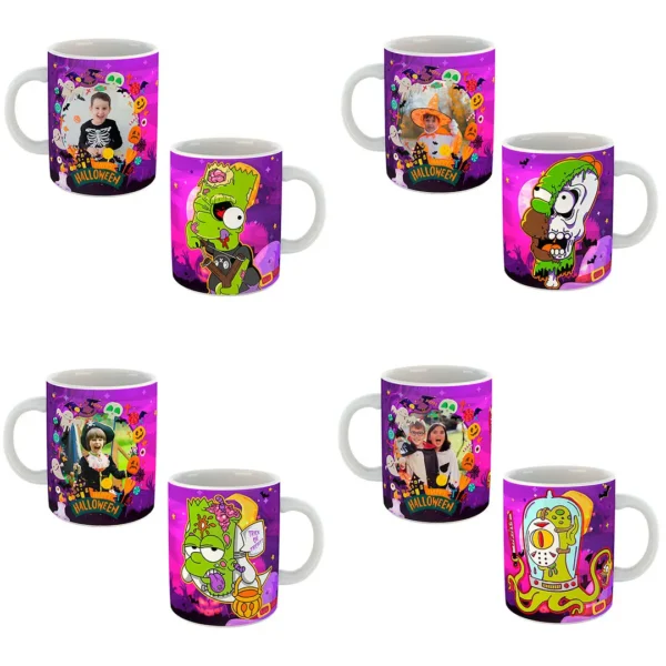 Pack de 15 Plantillas Editables para Sublimar Tazas de Halloween con Los Simpson en formato PSD y PNG, perfectas para emprendedores.