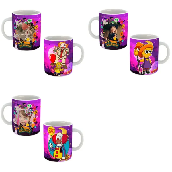 Pack de 15 Plantillas Editables para Sublimar Tazas de Halloween con Los Simpson en formato PSD y PNG, perfectas para emprendedores.