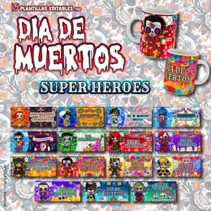 Pack de 15 plantillas editables de superhéroes para sublimar tazas en el Día de Muertos - Formatos PSD y PNG