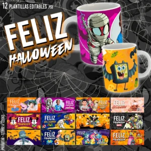 12 plantillas editables para tazas de Halloween en formato PSD y PNG. Incluye mockups con fondo transparente y fuentes para editar los textos.