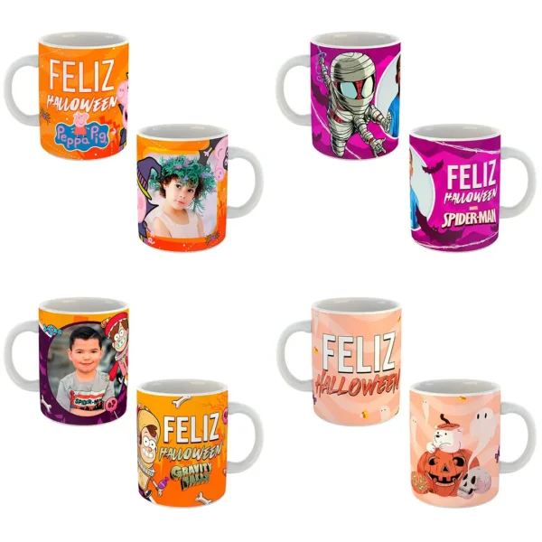 12 plantillas editables para tazas de Halloween en formato PSD y PNG. Incluye mockups con fondo transparente y fuentes para editar los textos.