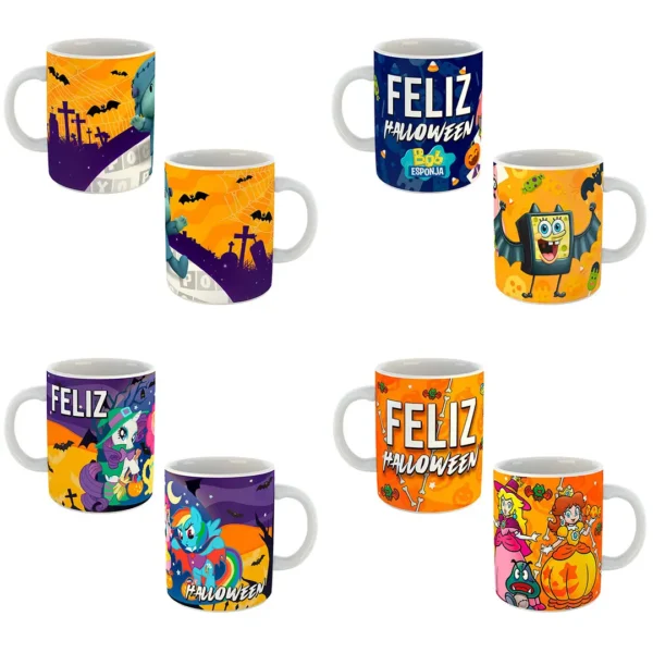 12 plantillas editables para tazas de Halloween en formato PSD y PNG. Incluye mockups con fondo transparente y fuentes para editar los textos.