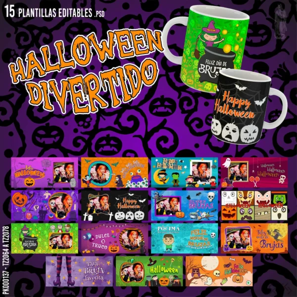 Pack de 15 Plantillas Editables para Sublimación de Tazas de Halloween | Archivos PSD y PNG con Mockups Transparentes y Fuentes Tipográficas | Personaliza Tazas con Fotos