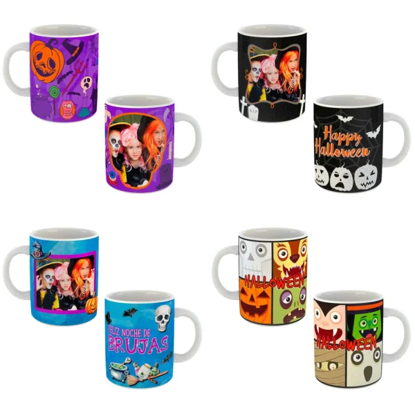 Pack de 15 Plantillas Editables para Sublimación de Tazas de Halloween | Archivos PSD y PNG con Mockups Transparentes y Fuentes Tipográficas | Personaliza Tazas con Fotos