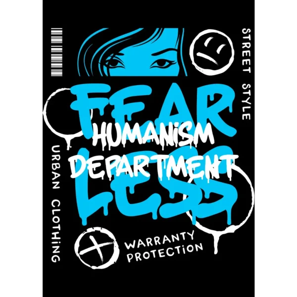 Vector de diseño streetwear "Fearless Humanism" en tonos azules, ideal para personalizar camisetas y sudaderas.