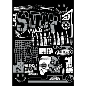 Vector Streetwear 'Stop War' en blanco y negro para estampado en playeras y sudaderas, con mensajes de paz y activismo social.