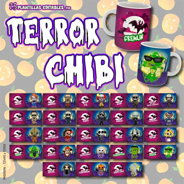 Pack de 23 plantillas editables para sublimar tazas de Halloween con personajes de terror en estilo chibi. Incluye personajes icónicos como Chucky, Hannibal, Michael Myers, y más, diseñados para sublimación en formatos .psd y .png. Perfecto para emprendedores de personalización."