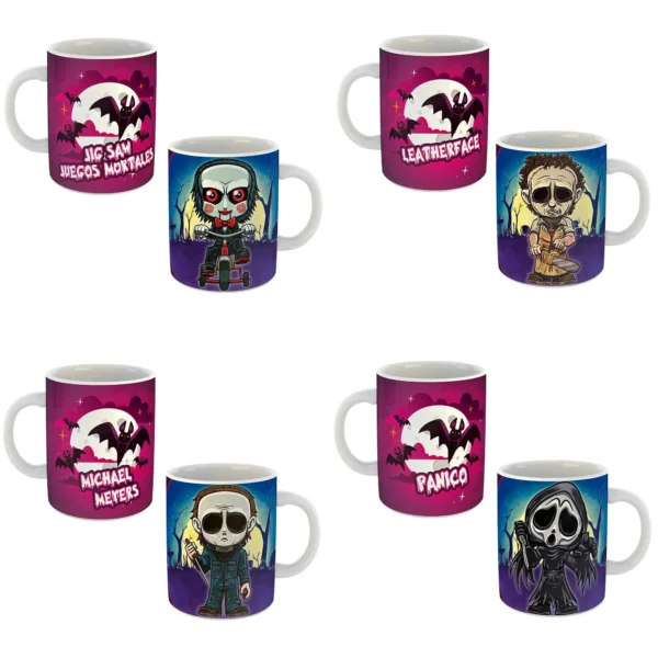 Pack de 23 plantillas editables para sublimar tazas de Halloween con personajes de terror en estilo chibi. Incluye personajes icónicos como Chucky, Hannibal, Michael Myers, y más, diseñados para sublimación en formatos .psd y .png. Perfecto para emprendedores de personalización."