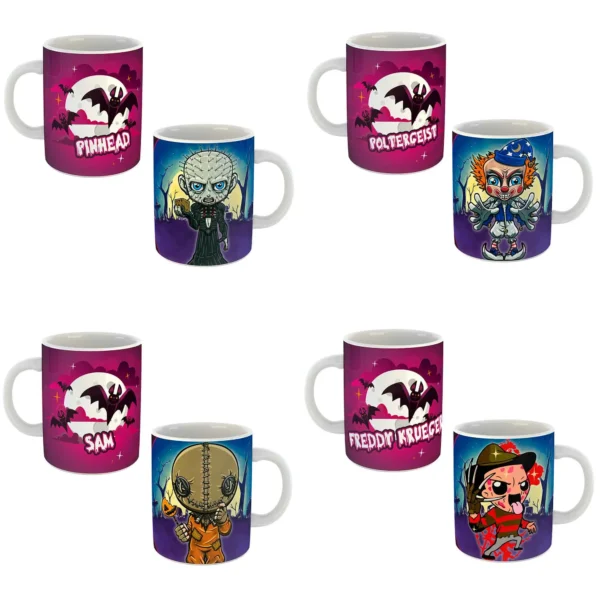 Pack de 23 plantillas editables para sublimar tazas de Halloween con personajes de terror en estilo chibi. Incluye personajes icónicos como Chucky, Hannibal, Michael Myers, y más, diseñados para sublimación en formatos .psd y .png. Perfecto para emprendedores de personalización."