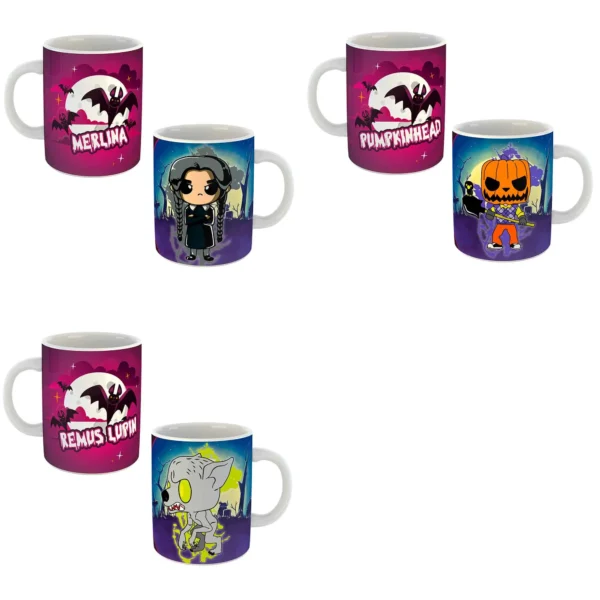 Pack de 23 plantillas editables para sublimar tazas de Halloween con personajes de terror en estilo chibi. Incluye personajes icónicos como Chucky, Hannibal, Michael Myers, y más, diseñados para sublimación en formatos .psd y .png. Perfecto para emprendedores de personalización."