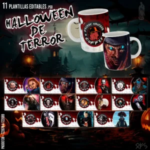 Pack de 11 plantillas editables para sublimación de tazas de Halloween con personajes icónicos de películas de terror. Formatos PSD y PNG, incluye mockups y fuentes para personalización.