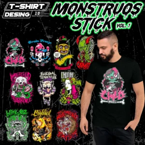 Pack de vectores de monstruos para Halloween en formatos AI y PNG, perfectos para estampar camisetas, sudaderas y artículos personalizables.