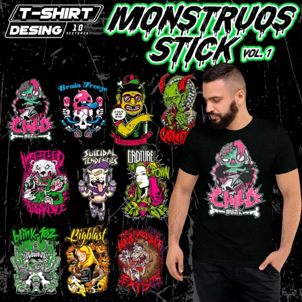 Pack de vectores de monstruos para Halloween en formatos AI y PNG, perfectos para estampar camisetas, sudaderas y artículos personalizables.