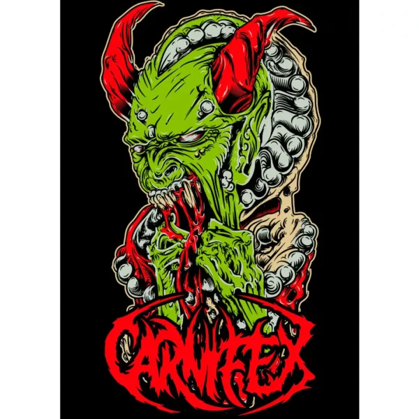 Vector de Halloween con demonio verde y cuernos rojos, ideal para estampar en playeras, sudaderas y artículos personalizables, en formatos .ai y .png.