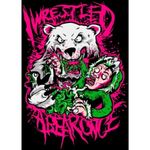 Vector de Halloween con un feroz oso polar atacando a un duende, ideal para estampar playeras, sudaderas y productos personalizados.