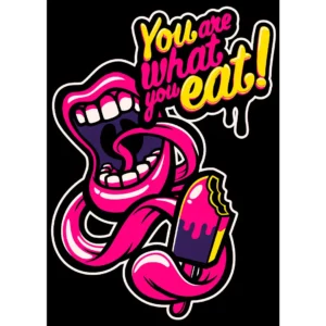 Diseño vectorial de Halloween 'You Are What You Eat', ilustración de boca y paleta en colores vibrantes para estampar en playeras y sudaderas. Formatos .ai y .png disponibles.