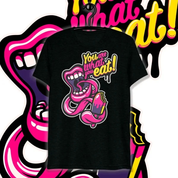 Diseño vectorial de Halloween 'You Are What You Eat', ilustración de boca y paleta en colores vibrantes para estampar en playeras y sudaderas. Formatos .ai y .png disponibles.