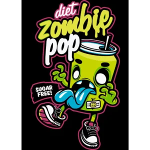 Vector de diseño Diet Zombie Pop para Halloween en formato .ai y .png, ideal para estampar en camisetas, sudaderas y otros artículos personalizados. Diseño de zombie divertido en colores vibrantes y estilo caricaturesco, con mockups de camisetas negras.