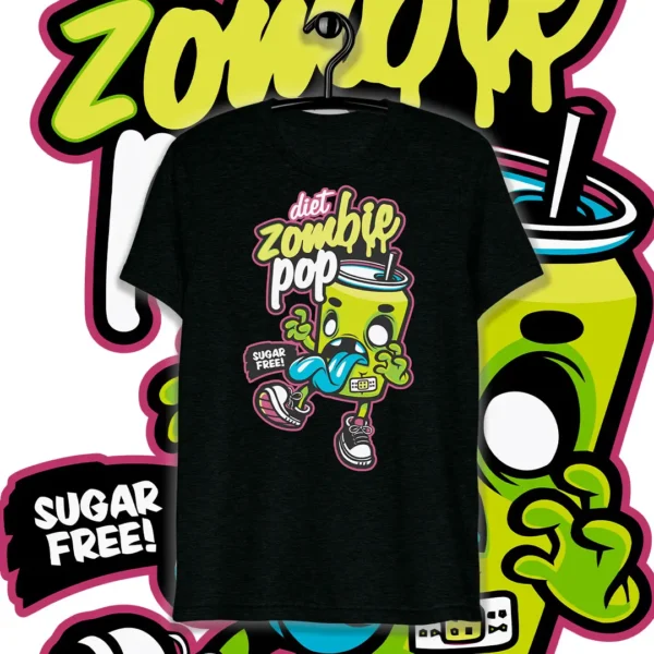 Vector de diseño Diet Zombie Pop para Halloween en formato .ai y .png, ideal para estampar en camisetas, sudaderas y otros artículos personalizados. Diseño de zombie divertido en colores vibrantes y estilo caricaturesco, con mockups de camisetas negras.