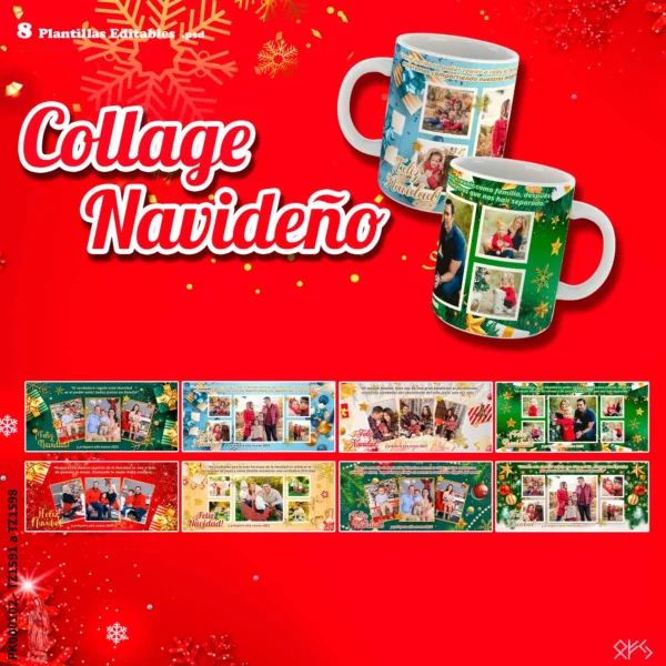 Pack de 8 plantillas editables para sublimar tazas navideñas en formato PSD y PNG, con mockups de tazas y diseños de collage navideño personalizables. Ideal para emprendedores en personalización.