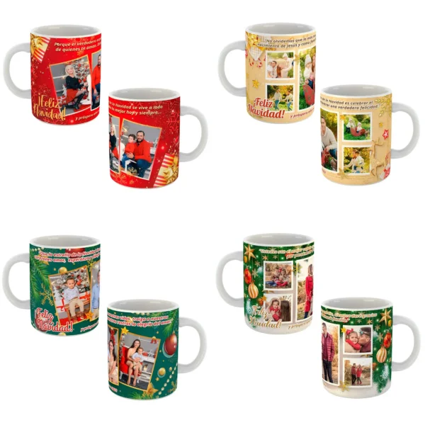 Pack de 8 plantillas editables para sublimar tazas navideñas en formato PSD y PNG, con mockups de tazas y diseños de collage navideño personalizables. Ideal para emprendedores en personalización.