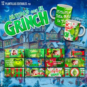 Pack de 12 plantillas editables de Navidad con el Grinch para sublimar tazas, incluye diseños en formato PSD y PNG con mockups de alta calidad, perfectos para emprendedores y negocios de personalización de productos.